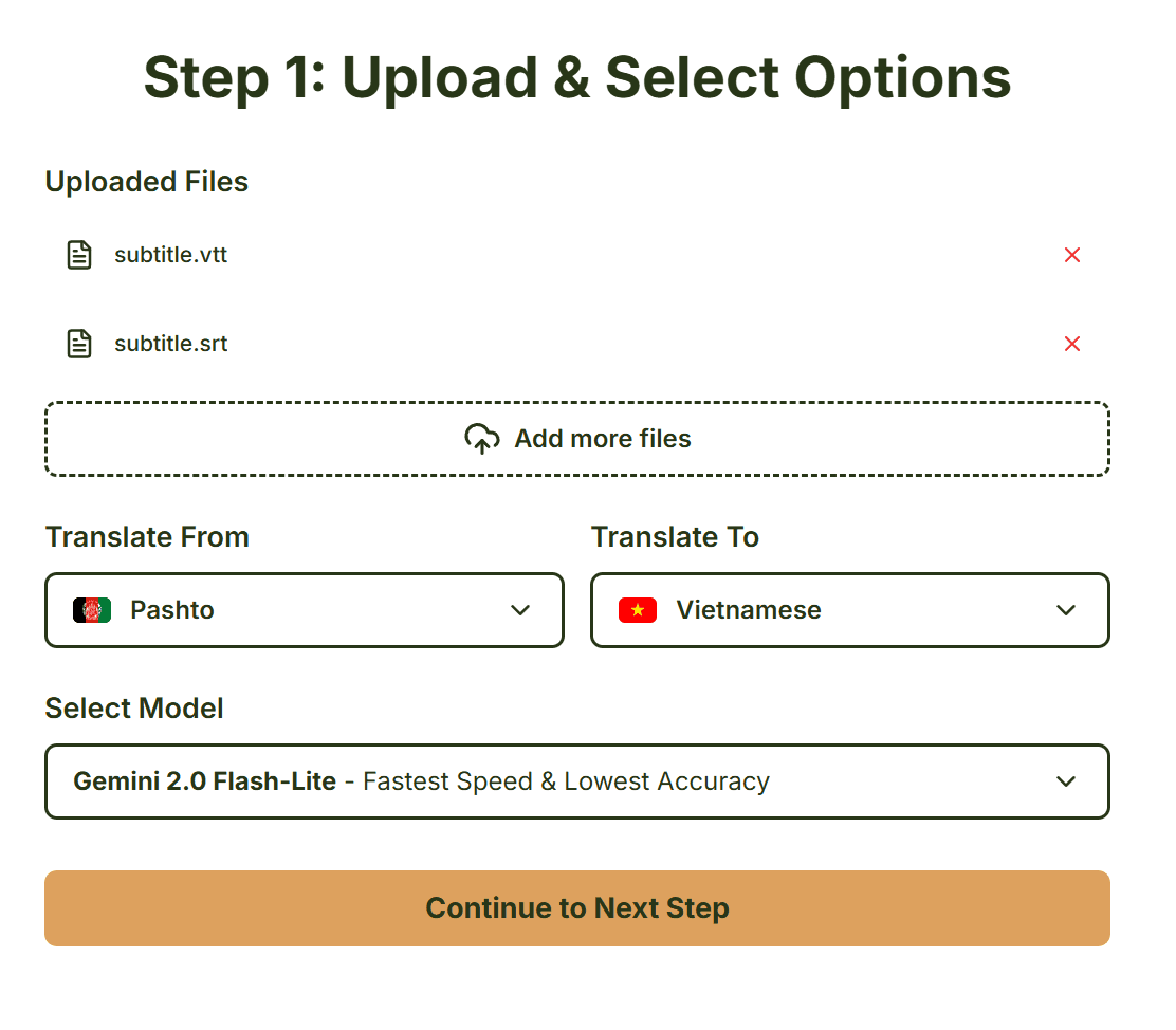 Screenshot of uploading files and selecting languages
