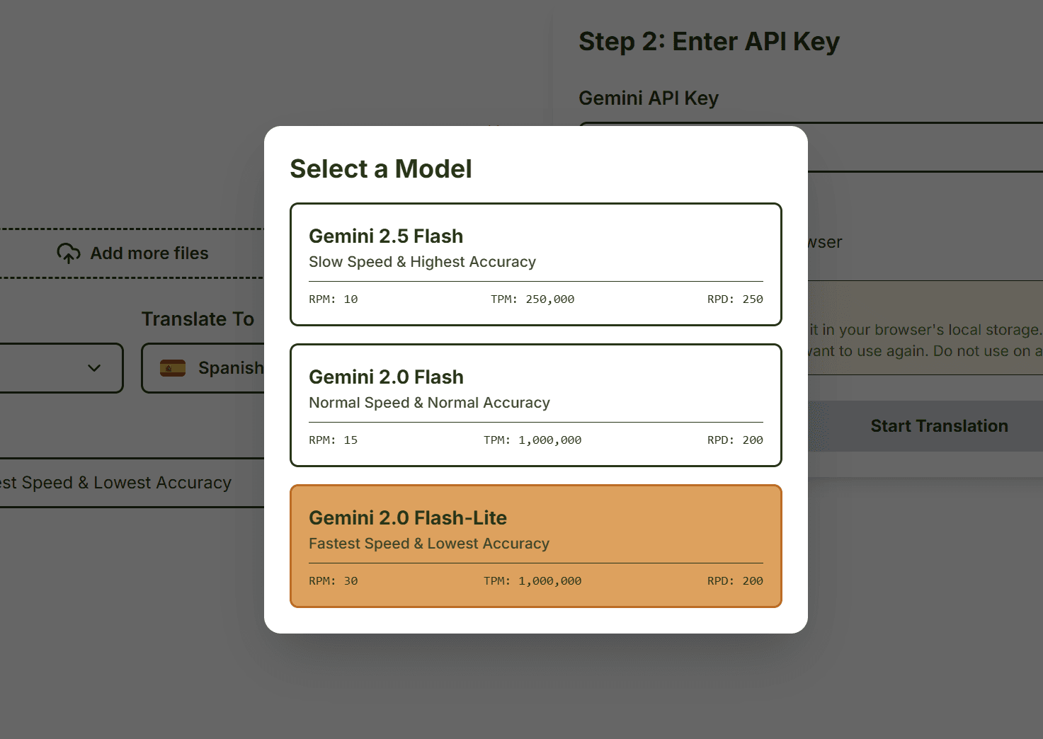 Screenshot of selecting a translation model