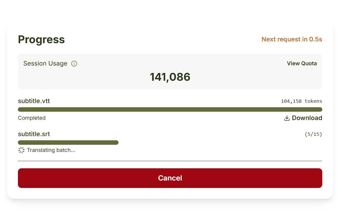 Screenshot of the translation progress